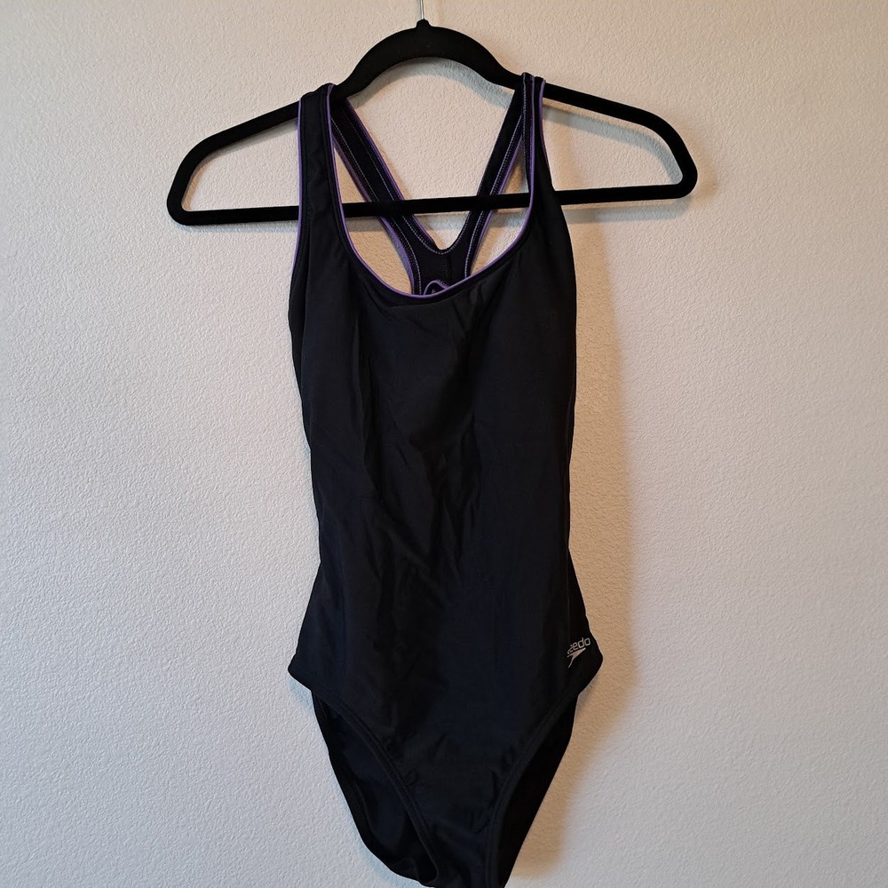 Speedo Womens One Piece Swimsuit‎ Black Purple Racerback Athletic Swim Size 6